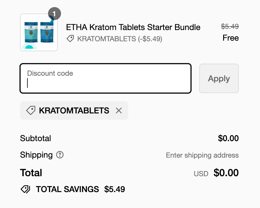 Free Etha Kratom Tablets Starter Bundle (+ Free Ship)